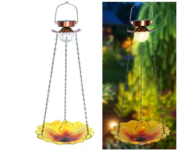 Solar Sunflower Bird Bath Outdoor Metal Hanging Glass