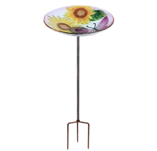 Sunflower and Butterfly Pattern Bird Bath with Metal Stake